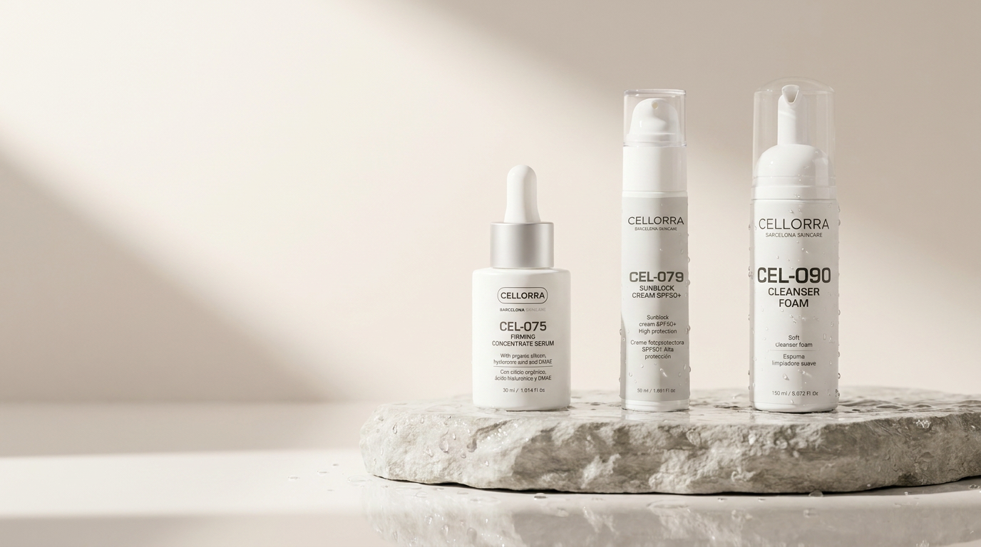 Cellorra product lineup on wet stone — homepage hero banner