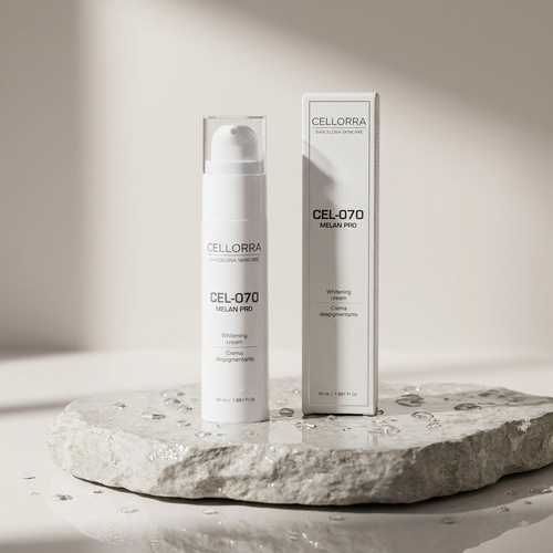 Cellorra Dark Spot Corrector Cream on wet stone pedestal