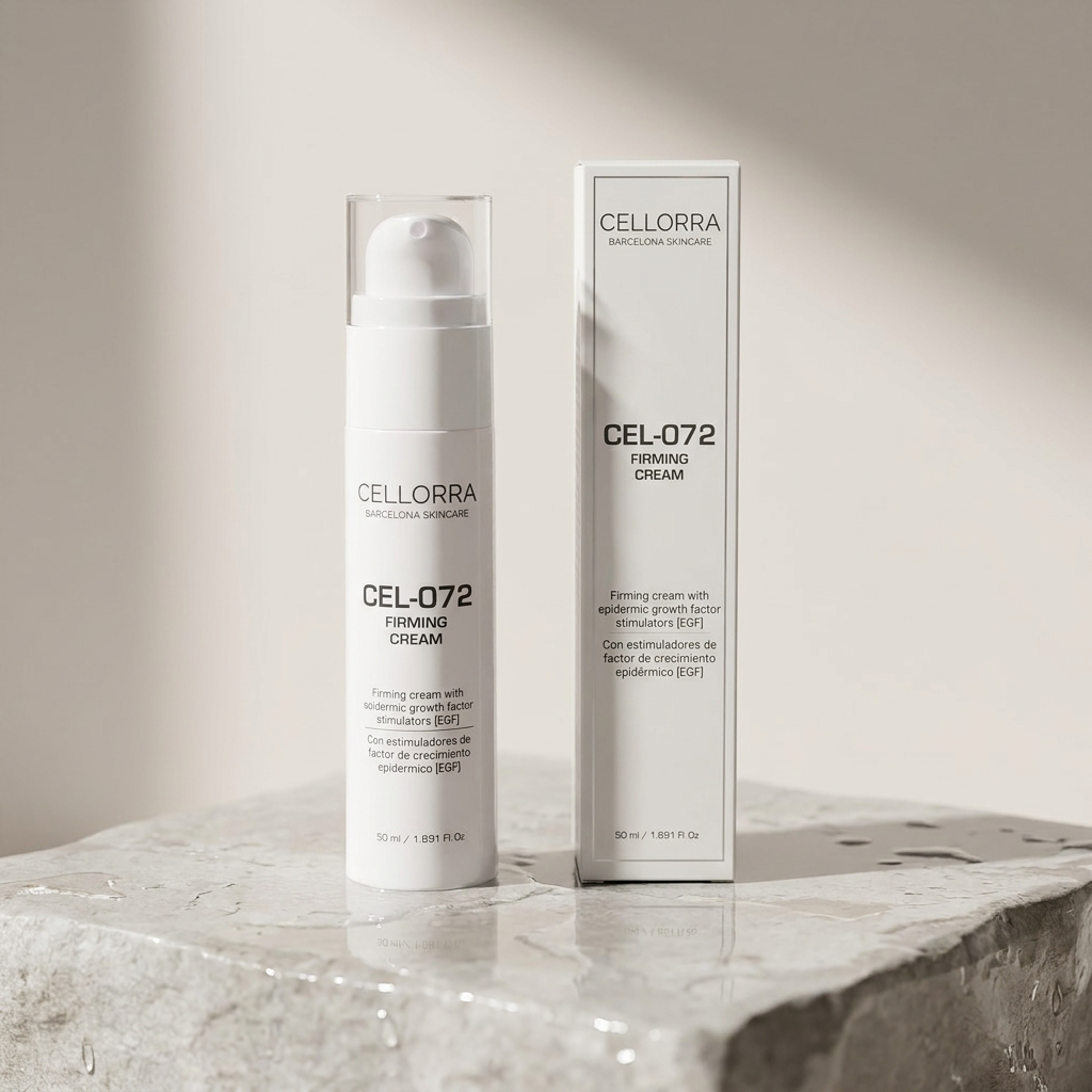 Cellorra EGF Renewal Cream on wet stone pedestal