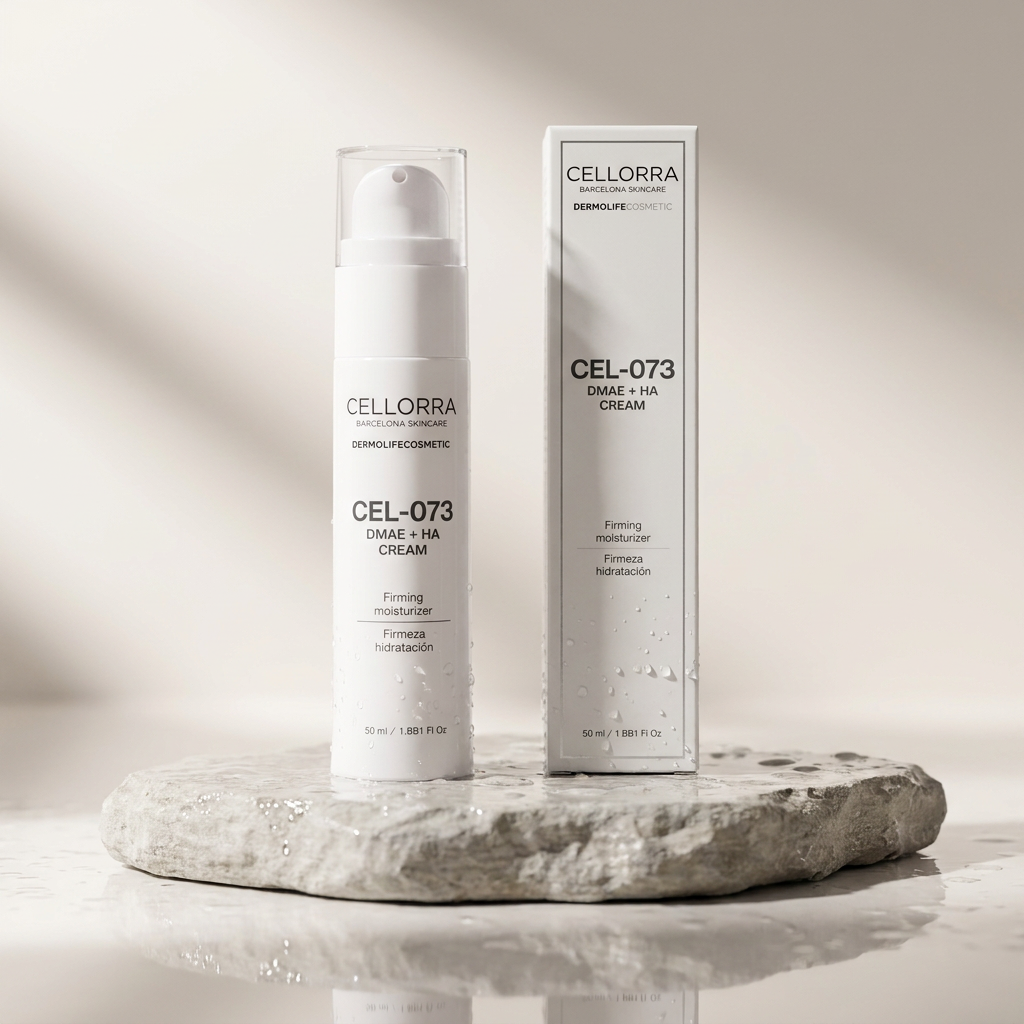 Cellorra DMAE + HA Firming Moisturizer on wet stone pedestal