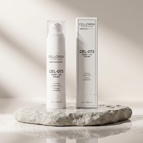 Cellorra DMAE + HA Firming Moisturizer on wet stone pedestal