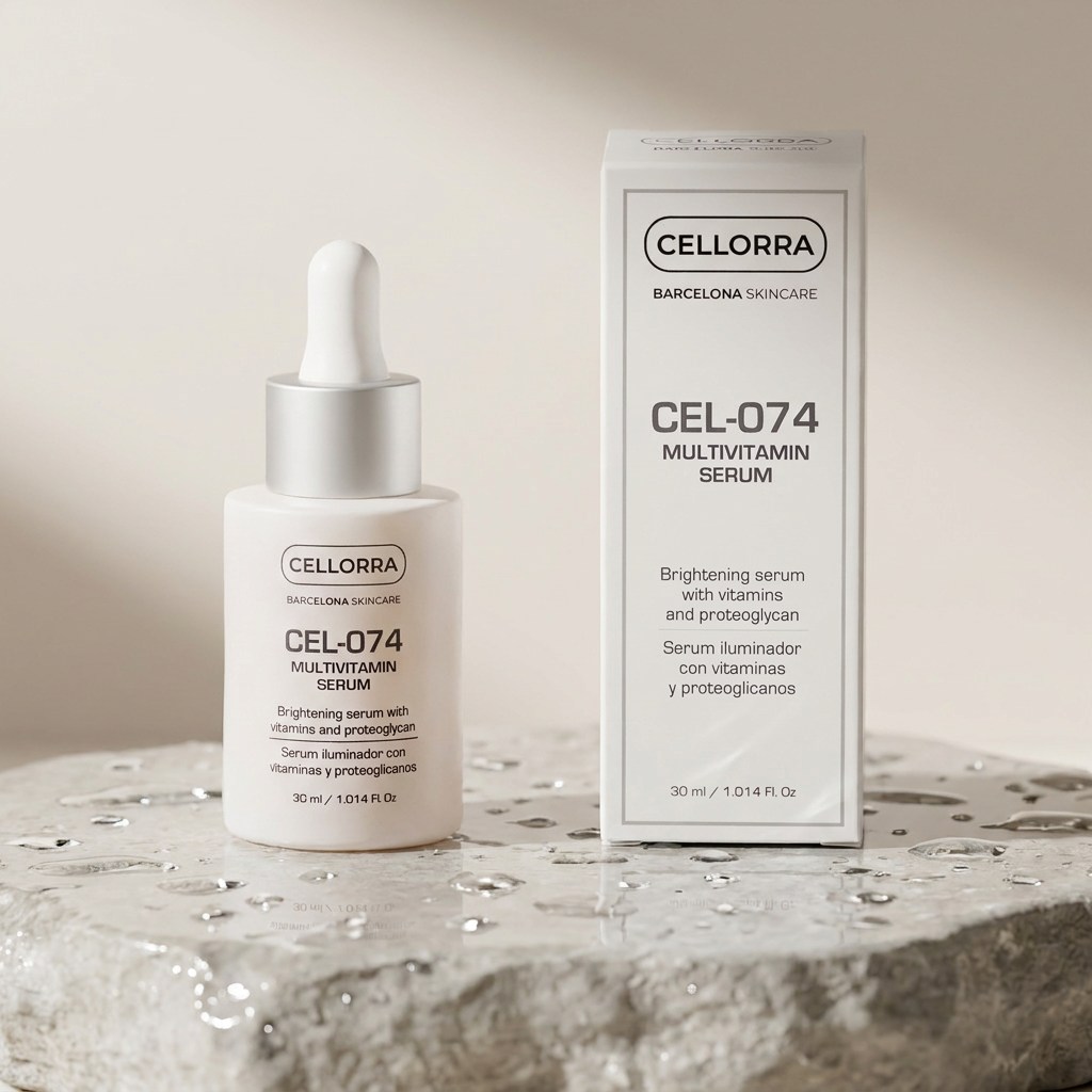 Cellorra Multivitamin Glow Serum on wet stone pedestal