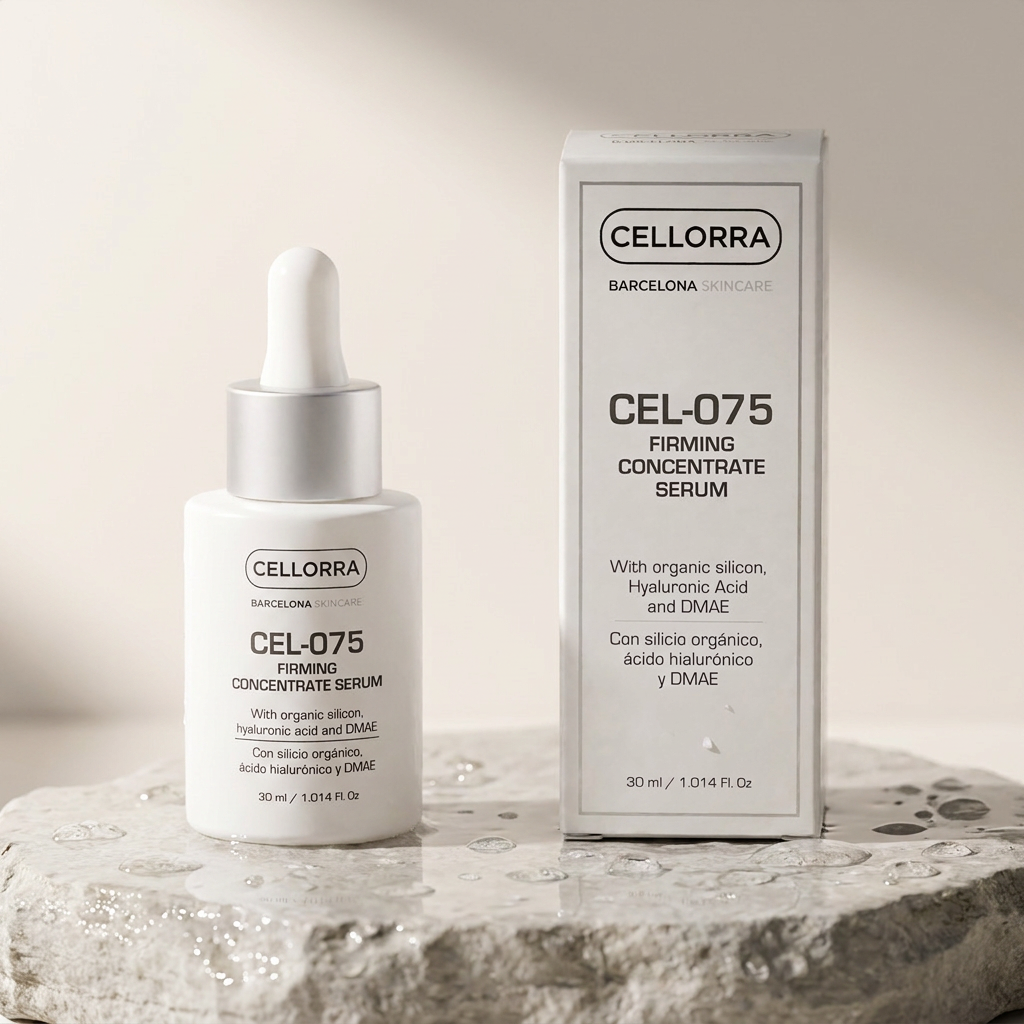 Cellorra Firming Concentrate Serum on wet stone pedestal