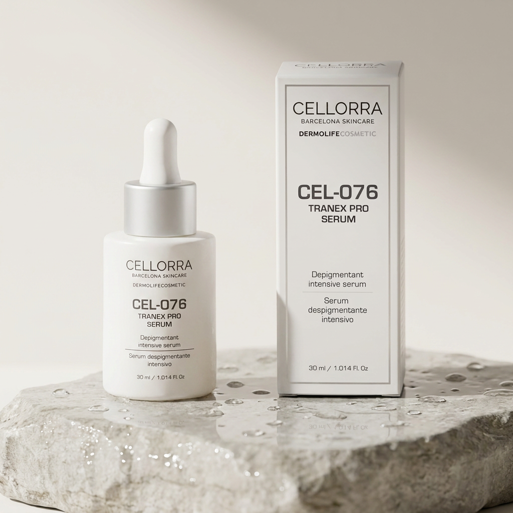 Cellorra Even Tone Serum on wet stone pedestal
