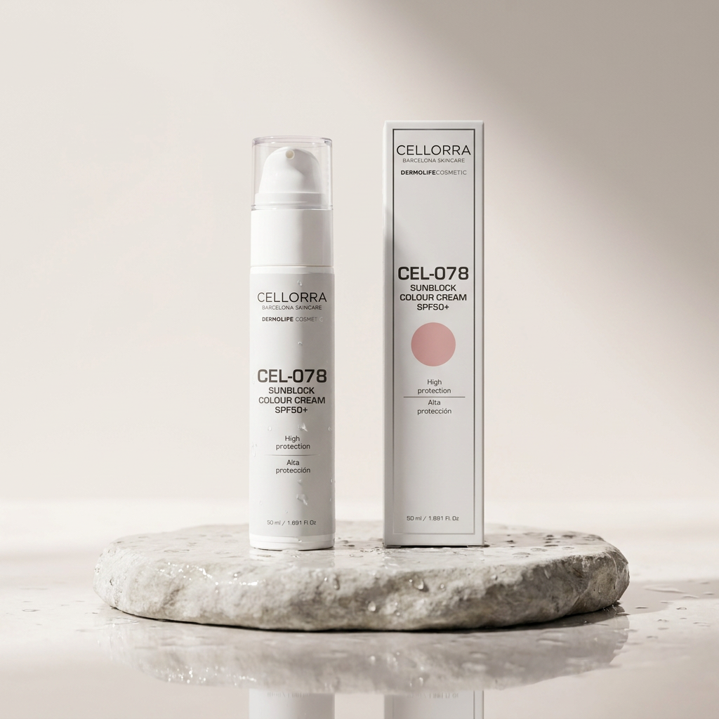 Cellorra Tinted Defense SPF 50+ on wet stone pedestal