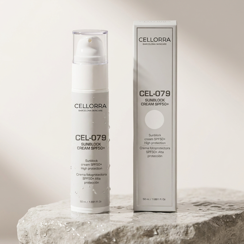 Cellorra Daily Defense SPF 50+ on wet stone pedestal