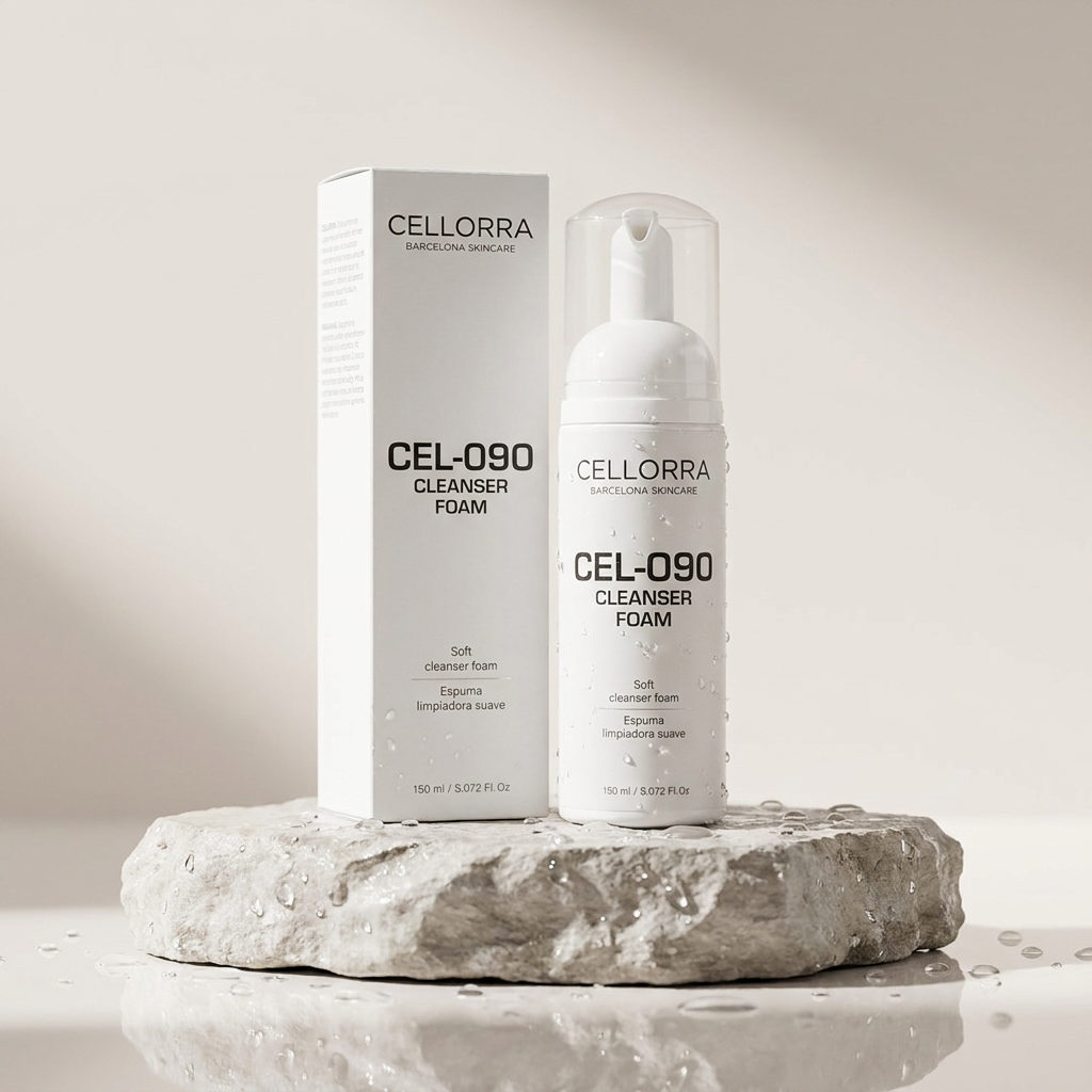 Cellorra Gentle Foam Cleanser on wet stone pedestal