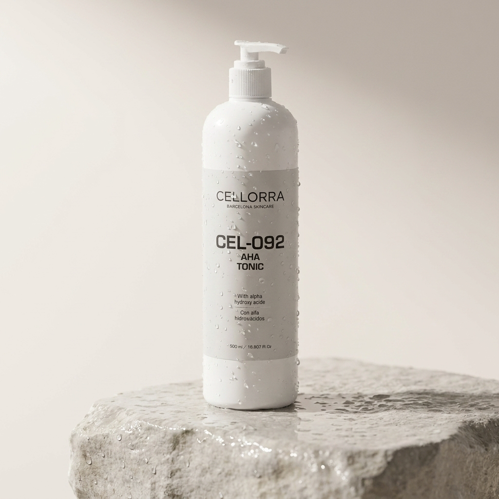 Cellorra AHA Resurfacing Tonic on wet stone pedestal