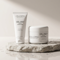 Cellorra Polish Facial Scrub on wet stone pedestal