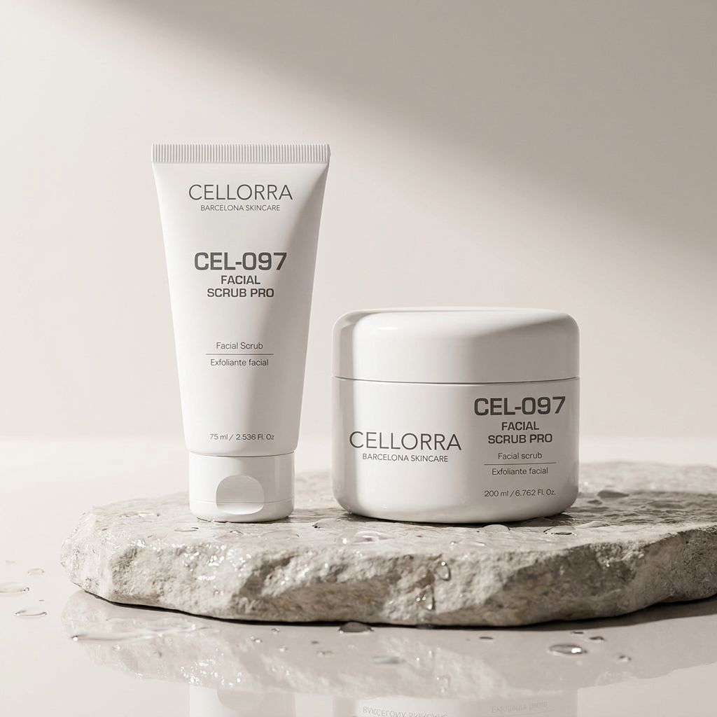 Cellorra Polish Facial Scrub on wet stone pedestal
