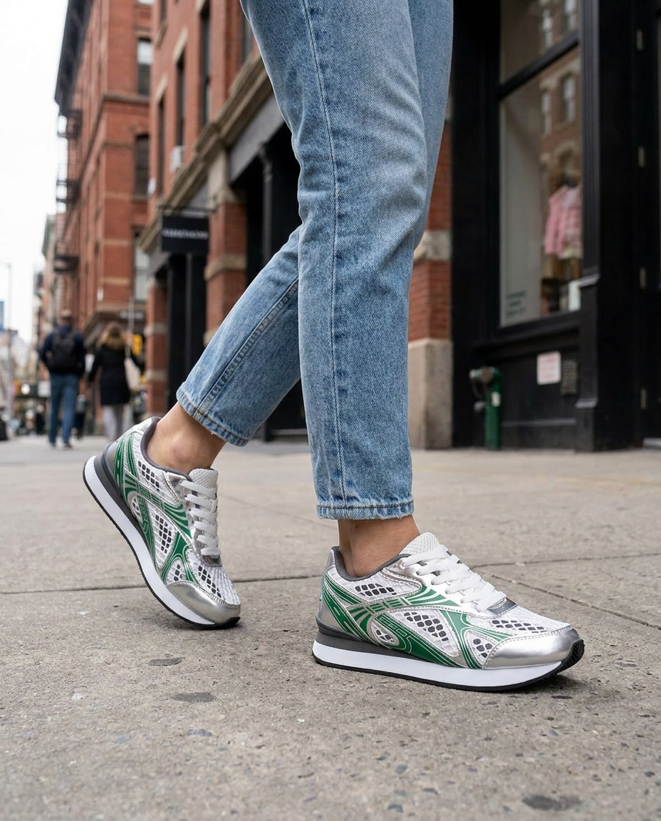 Model wearing Lace-Up Low Top Sneakers on city street