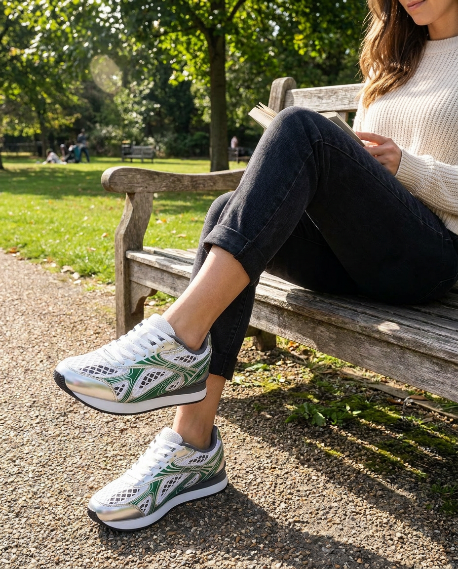 Model wearing Lace-Up Low Top Sneakers on park bench