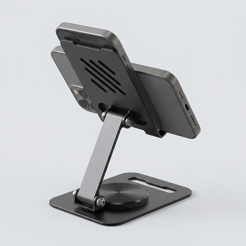 Adjustable phone stand holding smartphone at an angle