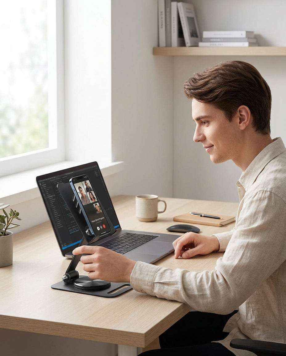Person using phone stand for video call at home office desk