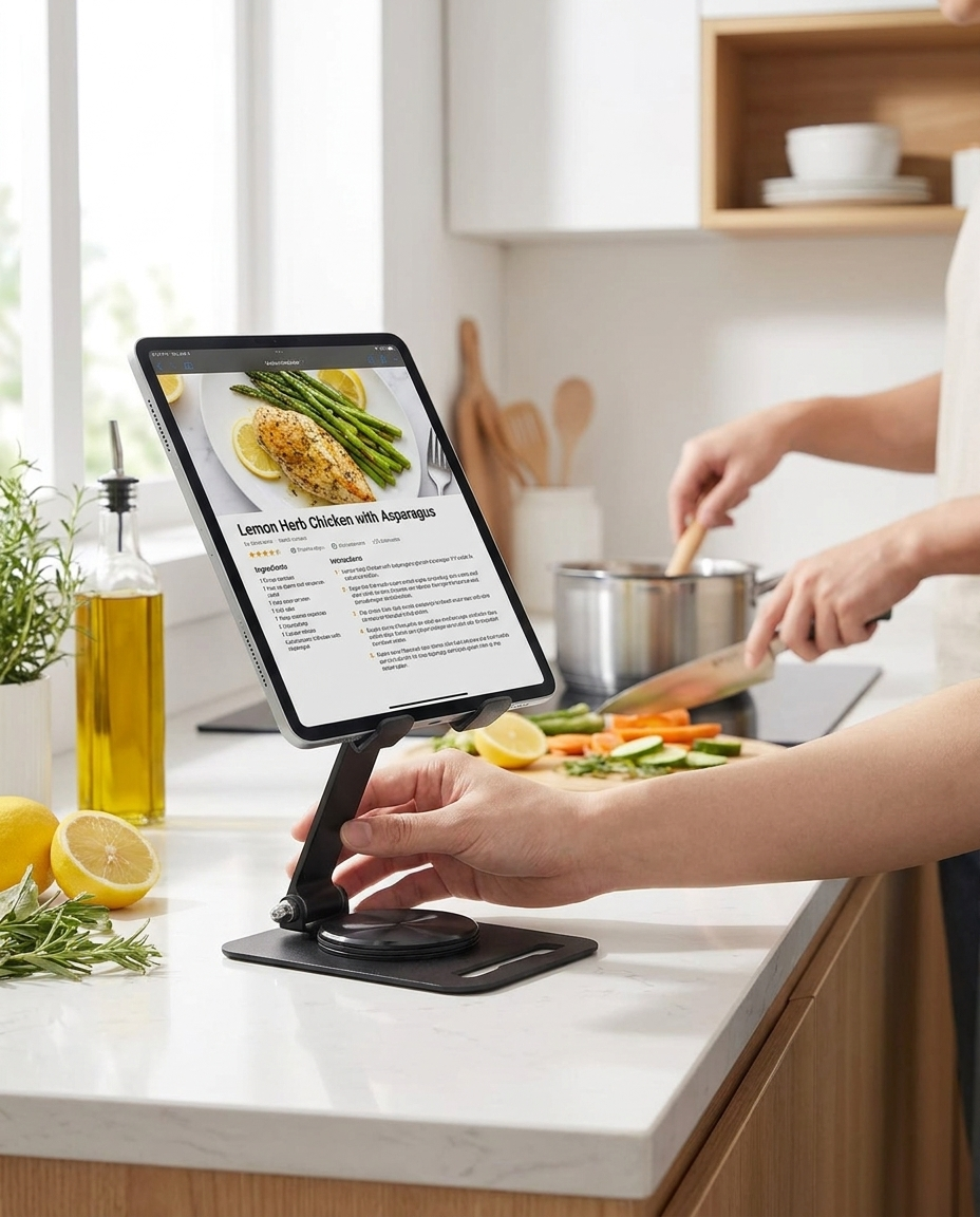 Tablet stand holding recipe in kitchen while cooking